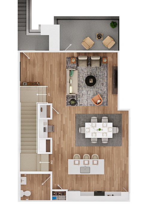 a stylized floor plan of a house with a bedroom and a living room